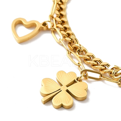 Ion Plating(IP) 304 Stainless Steel Chain Multi-strand Bracelet with Heart and Clover BJEW-P272-03G-1