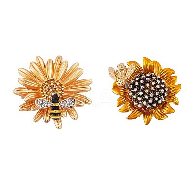 2Pcs 2 Style Sunflower and Bee Clear Cubic Zirconia Badges Pins with Enamel JX167A-1