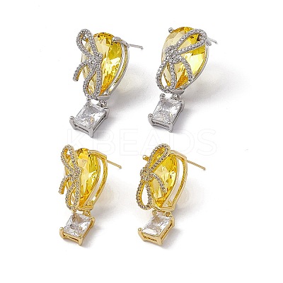 Cubic Zirconia Bowknot with Glass Teardrop Dangle Stud Earrings EJEW-M210-08-1