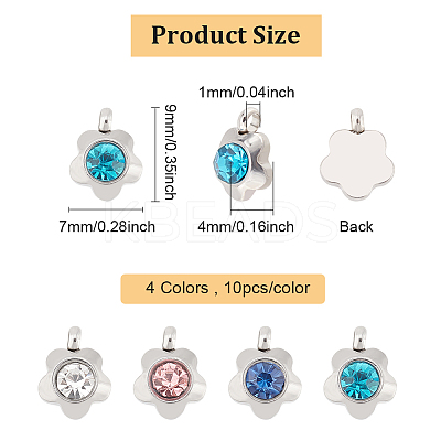 40Pcs 4 Colors 304 Stainless Steel Rhinestone Flower Charm Pendants STAS-DC0011-41-1