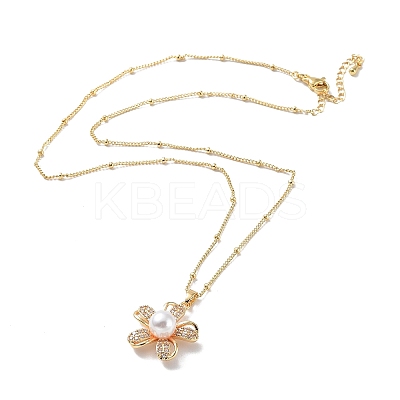 Flower Brass Micro Pave Cubic Zirconia Pendant Necklaces with Plastic Imitation Pearl NJEW-A015-02KCG-1