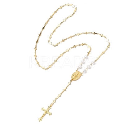 Round White Shell Pearl & Brass Rosary Bead Necklaces NJEW-JN05836-1