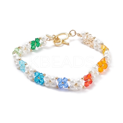 Shell Pearl & Glass Braided Flower Beaded Bracelet BJEW-TA00087-1