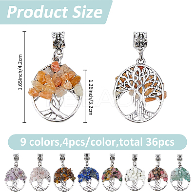 36Pcs 9 Colors Tibetan Style Alloy & Gemstone Chip European Dangle Charms PALLOY-FH00147-1