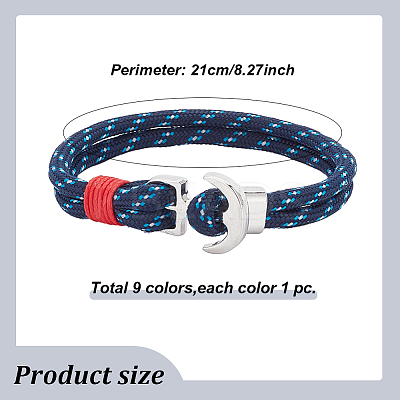 9Pcs 9 Colors Survival Polyester Cord Bracelets Set with Alloy Anchor Clasps BJEW-AN0001-59-1