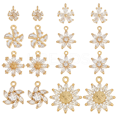 16Pcs 8 Styles Brass Pave Clear Cubic Zirconia Pendants KK-PH0012-76-1