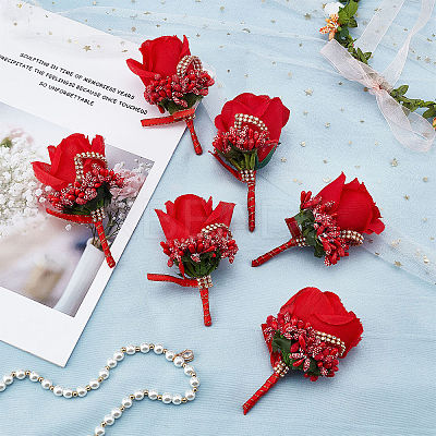 Cloth Rose Flower Boutonniere Brooch with Rhinestone AJEW-WH0258-294A-1