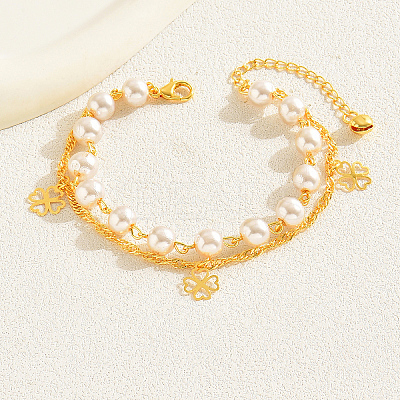 Elegant Brass & Imitation Pearl Double Layer Clover Pendant Anklets for Women's Fashion Style KI5971-1