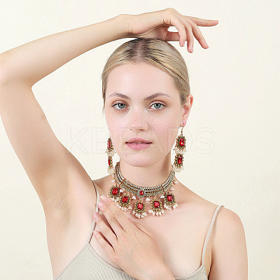 Rectangle Alloy Glass Choker Necklace & Earrings Sets for Women FS-WG507E8-07-1