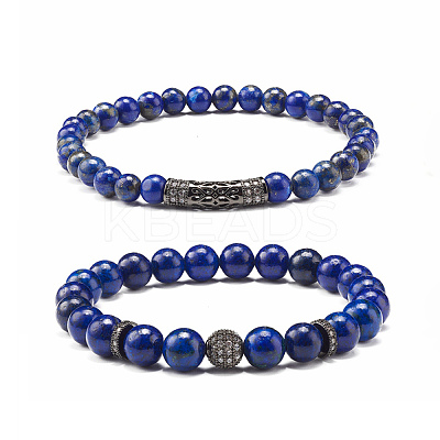 Natural Lapis Lazuli(Dyed) Round Beads Stretch Bracelets Set BJEW-JB06980-03-1