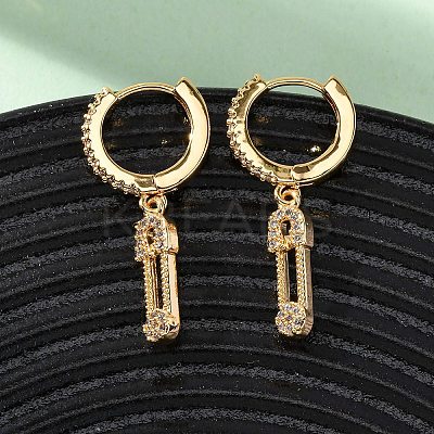 Safety Pin Brass Micro Pave Cubic Zirconia Hoop Earrings EJEW-F384-15G-01-1
