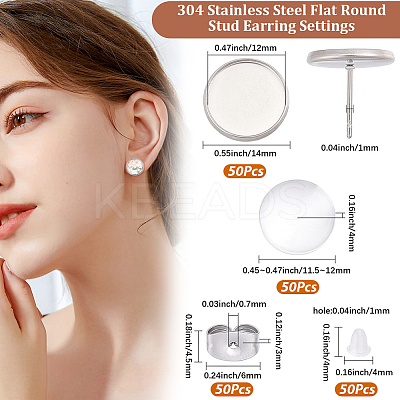 50Pcs 304 Stainless Steel Flat Round Stud Earring Settings STAS-BBC0010-39A-1