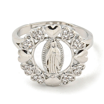 Flat Round with Saint & Heart Rack Plating Brass Micro Pave Cubic Zirconia Adjustable Rings RJEW-I105-04P-10-1