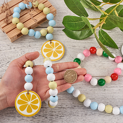 6Pcs 6 Style Wood & Fringed Beaded Pendant Decoration HJEW-CF0001-15-1