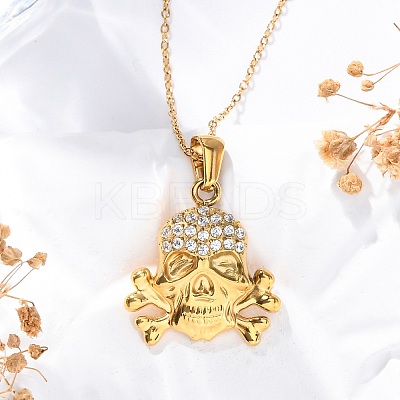 304 Stainless Steel Crystal Rhinestone Skull Pendant Necklaces LS-NJEW-Z057-03C-G-1