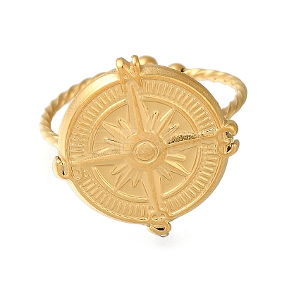Flat Round with Compass 304 Stainless Steel Open Cuff Ring for Women RJEW-F161-02G-01-1