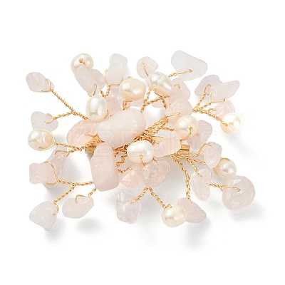 Natural Rose Quartz Chips & Pearl Beaded Flower Brooch Pin JEWB-BR00098-03-1