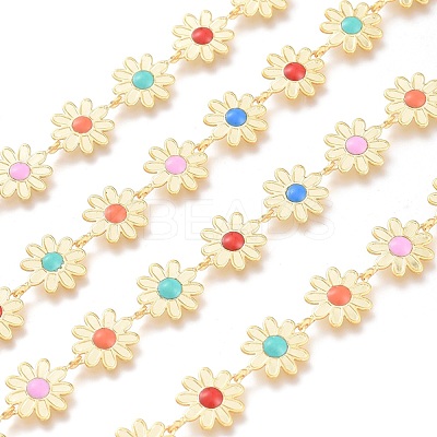 Brass Enamel Flower Link Chains X-CHC-K009-22G-1