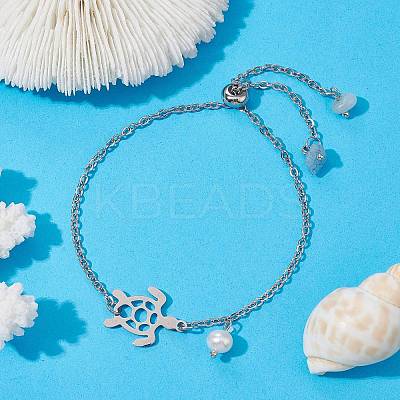 Adjustable 304 Stainless Steel Hollow Turtle Slider Bracelet BJEW-JB09812-02-1