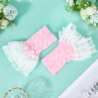 Bowknot Cotton Womens Knitting Floral Lace Wrist Cuffs For Wedding Party AJEW-WH20060-34A-1