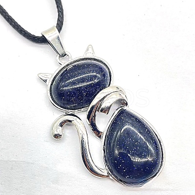 Synthetic Blue Goldstone Alloy Cat Shape Pendant Necklaces KJ2639-14-1