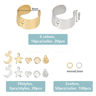 DIY Moon & Star & Shell & Heart Charms Cuff Ring Making Kits DIY-DR0001-23-1