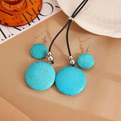 Alloy & Synthetic Turquoise & Imitation Leather Cord Pendant Necklaces & Dangle Earrings Sets FS-WG3CE4D-02-1