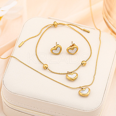 Heart Stainless Steel & Natural Shell Pendant Necklaces & Stud Earrings & Charm Bracelets Sets for Women WG52748-01-1
