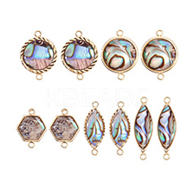 10Pcs 5 Styles Brass Pave Natural Paua Shell Connector Charms KK-PH0012-91B-1