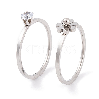 Flower 304 Stainless Steel Finger Ring Set for Women RJEW-C086-28-P-1