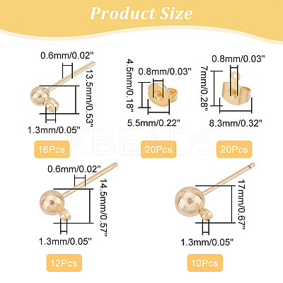 38Pcs 3 Size Brass Ball Stud Earring Post KK-AR0003-02-1
