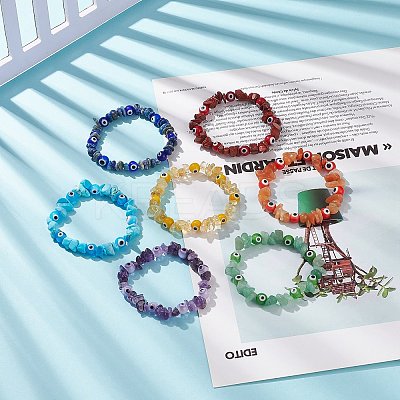 7Pcs 7 Style Natural & Synthetic Mixed Gemstone Chips & Lampwork Evil Eye Stretch Bracelets Set for Women BJEW-JB08746-1