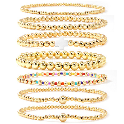 7Pcs Brass Round Beaded Bracelets for Women SB9067-5-1