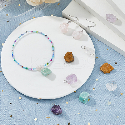 12Pcs 6 Styles Raw Rough Natural Green Aventurine & Amethyst & Tiger Eye & Quartz Crystal & Rose Quartz Pendants PALLOY-FH00085-1