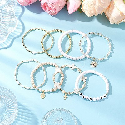8Pcs 8 Styles Natural & Synthetic Gemstone & Glass & Handmade Polymer Clay & Acrylic Beads Stretch Bracelet Sets BJEW-JB12096-1