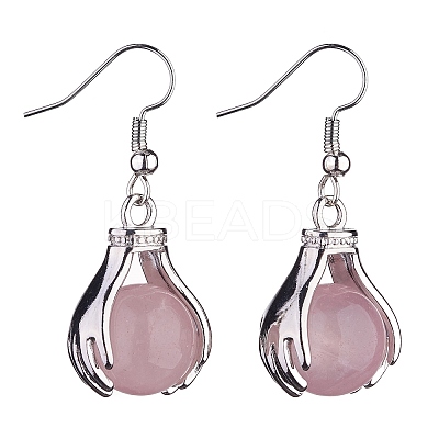 Natural Rose Quartz Palm Dangle Earrings EJEW-A092-09P-18-1