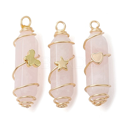 3Pcs 3 Styles Natural Rose Quartz Copper Wire Wrapped Pointed Pendants PALLOY-JF02460-01-1