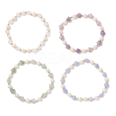 Natural & Synthetic Gemstone & Natural Cultured Freshwater Pearl & Brass Beads Stretch Bracelets for Women BJEW-JB12814-1