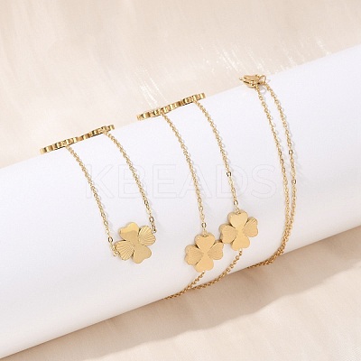 304 Stainless Steel Clover Link Chain Long Necklaces NJEW-V001-01G-1