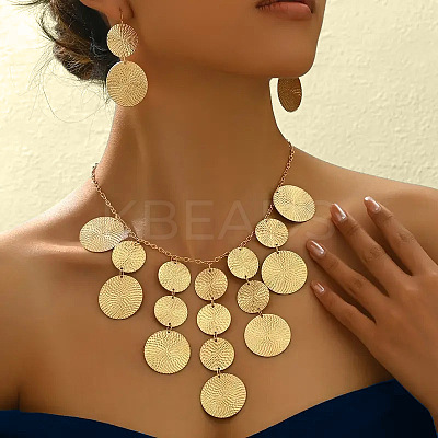 Flat Round Alloy Pendant Necklace & Dangle Earring Sets FS-WG6C074-01-1