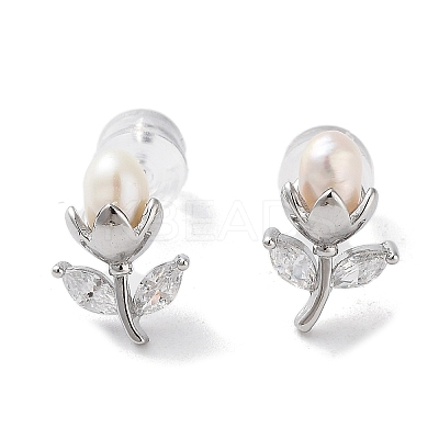 Natural Pearl and Cubic Zirconia Stud Earrings for Women EJEW-C083-05P-1