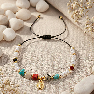 Adjustable Mixed Stone Black Cord Bracelets for Women RN6049-1