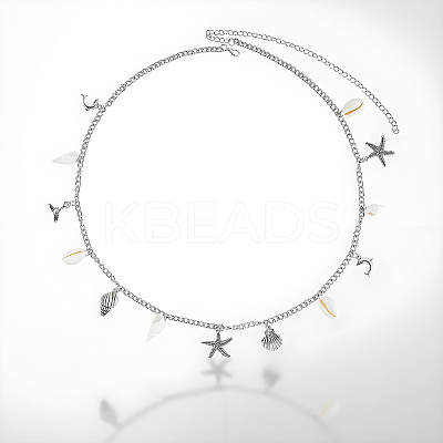 Ocean Theme Alloy and Natural Shell Starfish Shell Shaped Charm Waist Chains with Alloy Buckle AJEW-WH20019-31-1