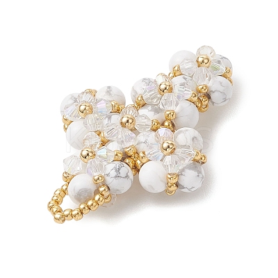 Natural Howlite Round Beads & Glass Seed Beaded Cross Pendants PALLOY-MZ01151-03-1