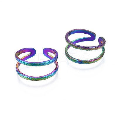 304 Stainless Steel Double Line Wrap Cuff Ring RJEW-N038-101-1