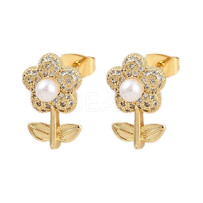 Brass Micro Pave Clear Cubic Zirconia Flower Stud Earrings EJEW-L275-11G-1