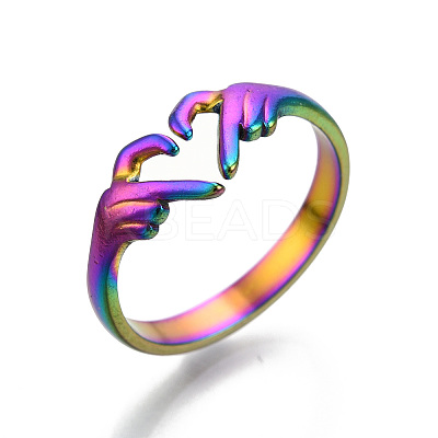 304 Stainless Steel Hand Heart Cuff Rings X-RJEW-N038-121M-1