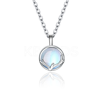 Flat Round with Antler Shape Brass Natural Moonstone Pendant Necklaces for Women WG9EF84-05-1