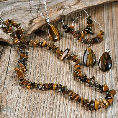 Bohemian Style Natural Tiger Eye Teardrop Pendant Necklaces & Chip Beaded Necklaces & Hoop Earrings & Dangle Earrings Sets WG11994-02-1
