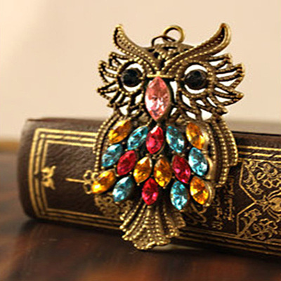 Owl Alloy Colorful Rhinestone Pendant Long Necklaces FS-WGE0302-01-1